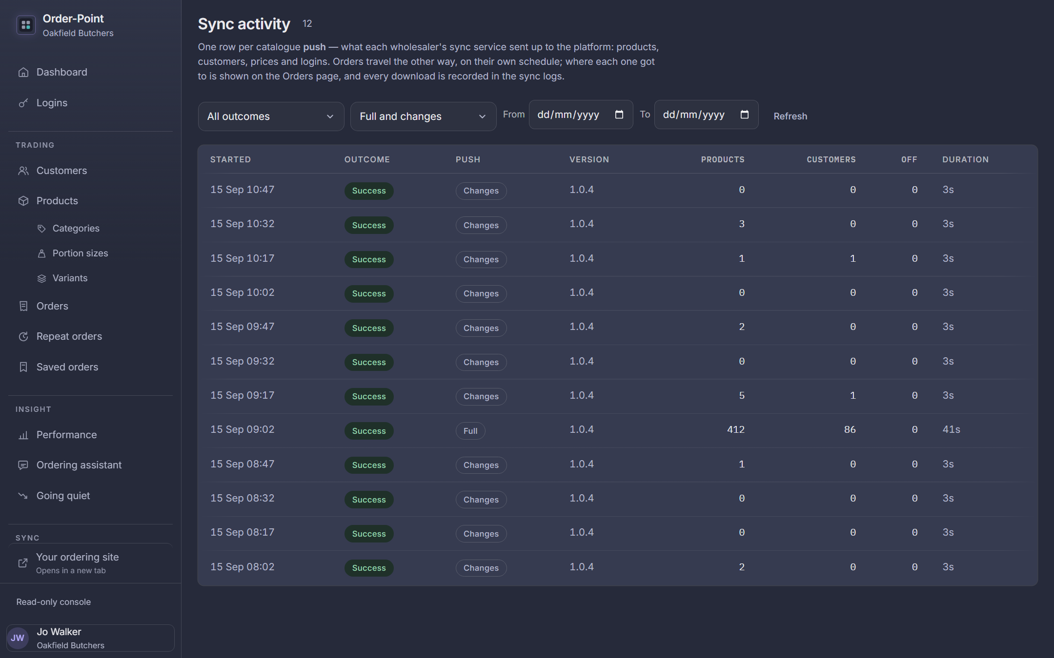 Sync health: when Velocity last sent its data, and what changed